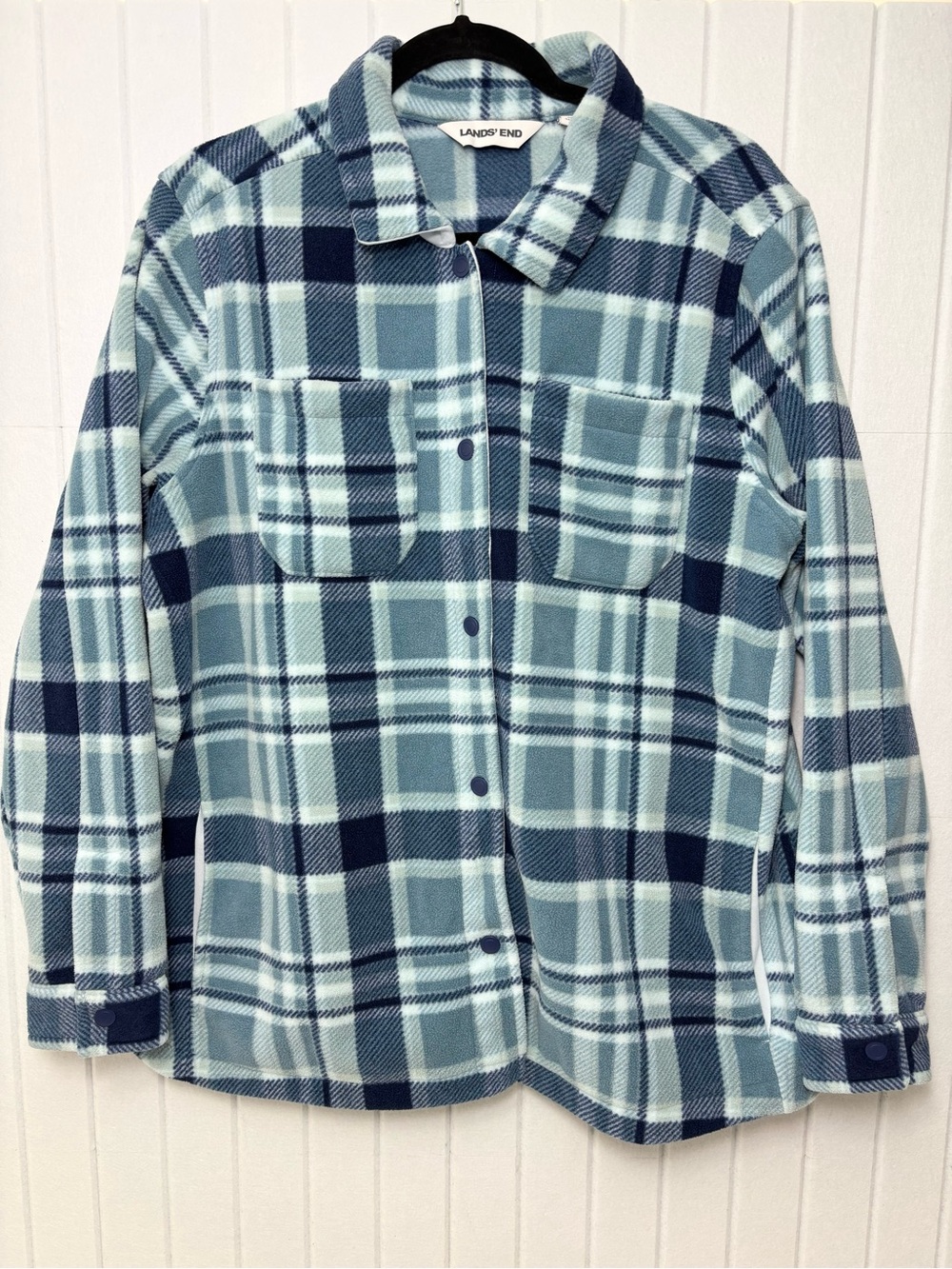 Lands' End Light Blue and Navy Plaid Fleece Button-Front Shirt Jacket Size L